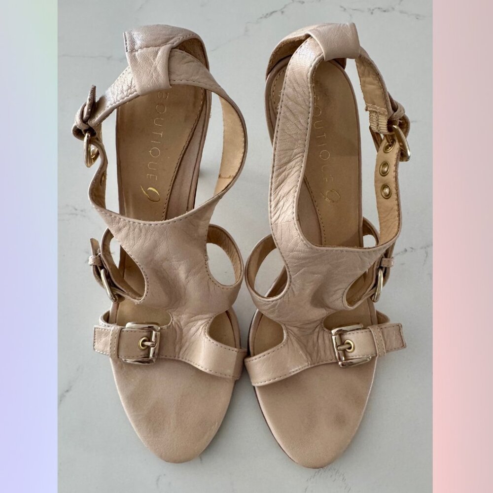 Boutique 9 Gladiator Heels – Beige with Gold Buckles, Size 6.5